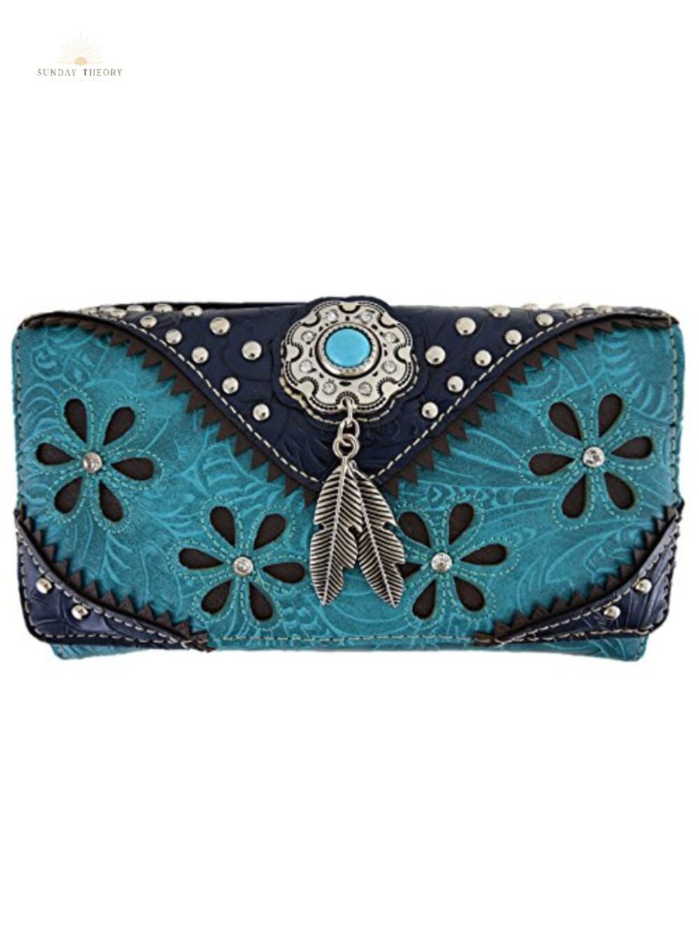 Vegan Leather Western Tooled Wallet Studded Laser Cut Clutch Crossbody Wristlet